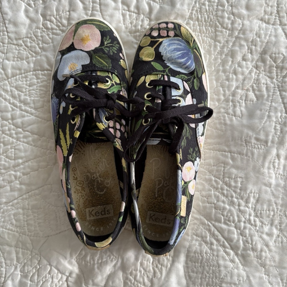 Keds x Rifle Paper Co Champion Floral Sneakers Black Canvas Low Top Women's Sz 5
